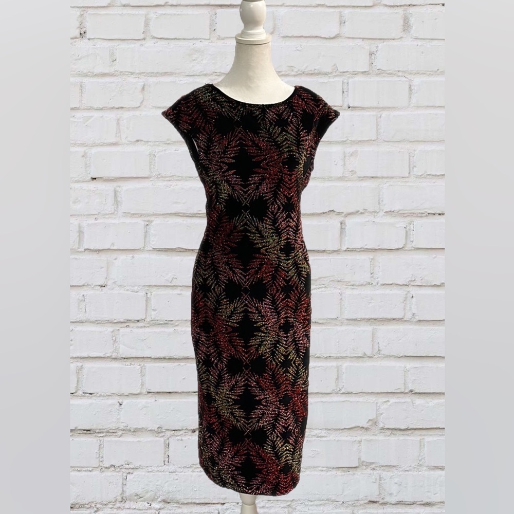 TOPSHOP Midi Bodycon Dress With Velvet Spandwx and Sparkly Leaf Print NWT